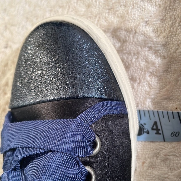🤩HP🤩 Lanvin Paris Crackled Leather Toe Cap Satin Sided Black Navy Blue Sneaker - Picture 13 of 17